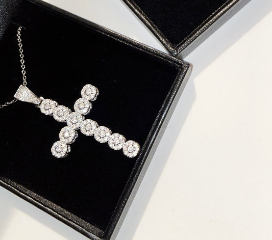 ELEGANT HALO DIAMOND CROSS NECKLACE